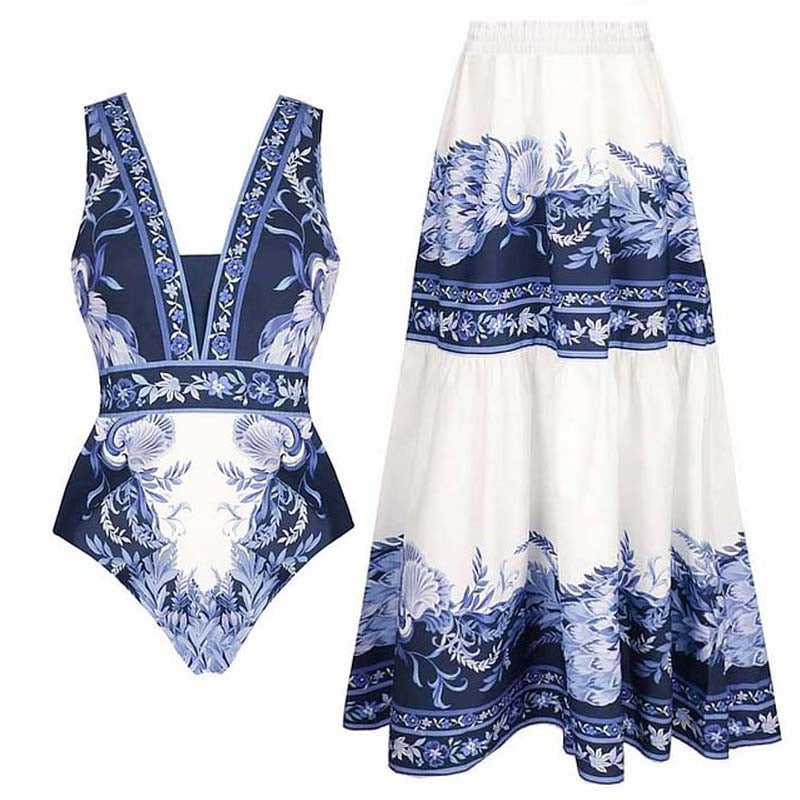 Damen Einteiler Badeanzug mit floralem Design und V-Ausschnitt Drune