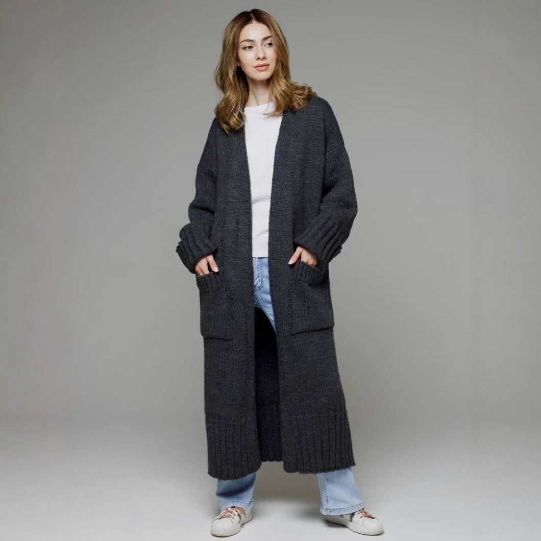 Damen bequemer langer Strickcardigan mit Taschen und breiten Ärmeln Drune