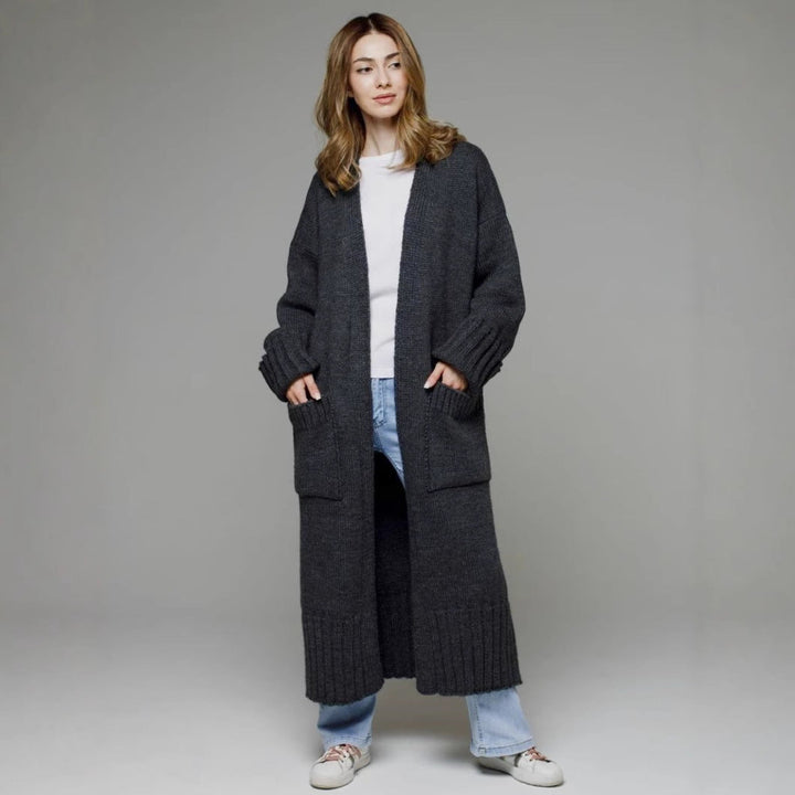 Damen bequemer langer Strickcardigan mit Taschen und breiten Ärmeln Drune