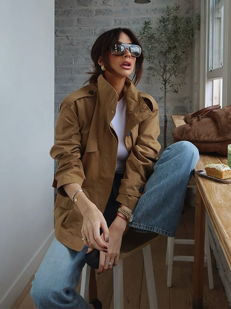 Damen Utility-Jacke mit hohem Kragen und praktischen Taschen Drune
