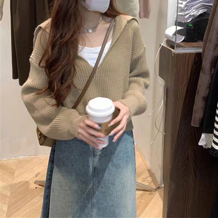 Damen kuscheliger V-Pullover mit Kapuze und Oversized-Schnitt Drune