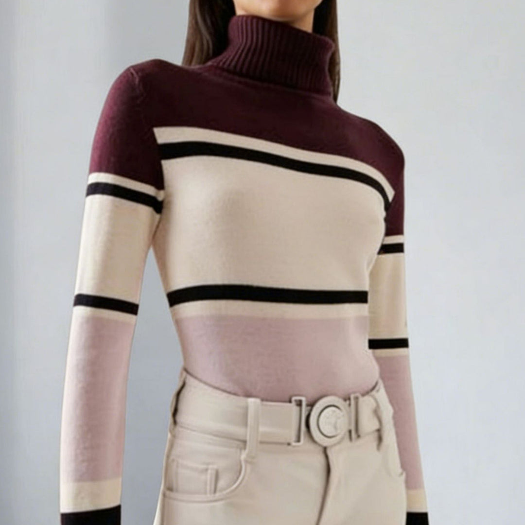 Damen langes Rollkragen Strickkleid mit Sternmotiv, Blockstreifen und elastischem Rippbündchen Drune