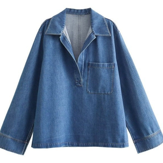 Damen 200+ Oversize Denim‑Hemdbluse mit V‑Ausschnitt und Brusttasche Drune