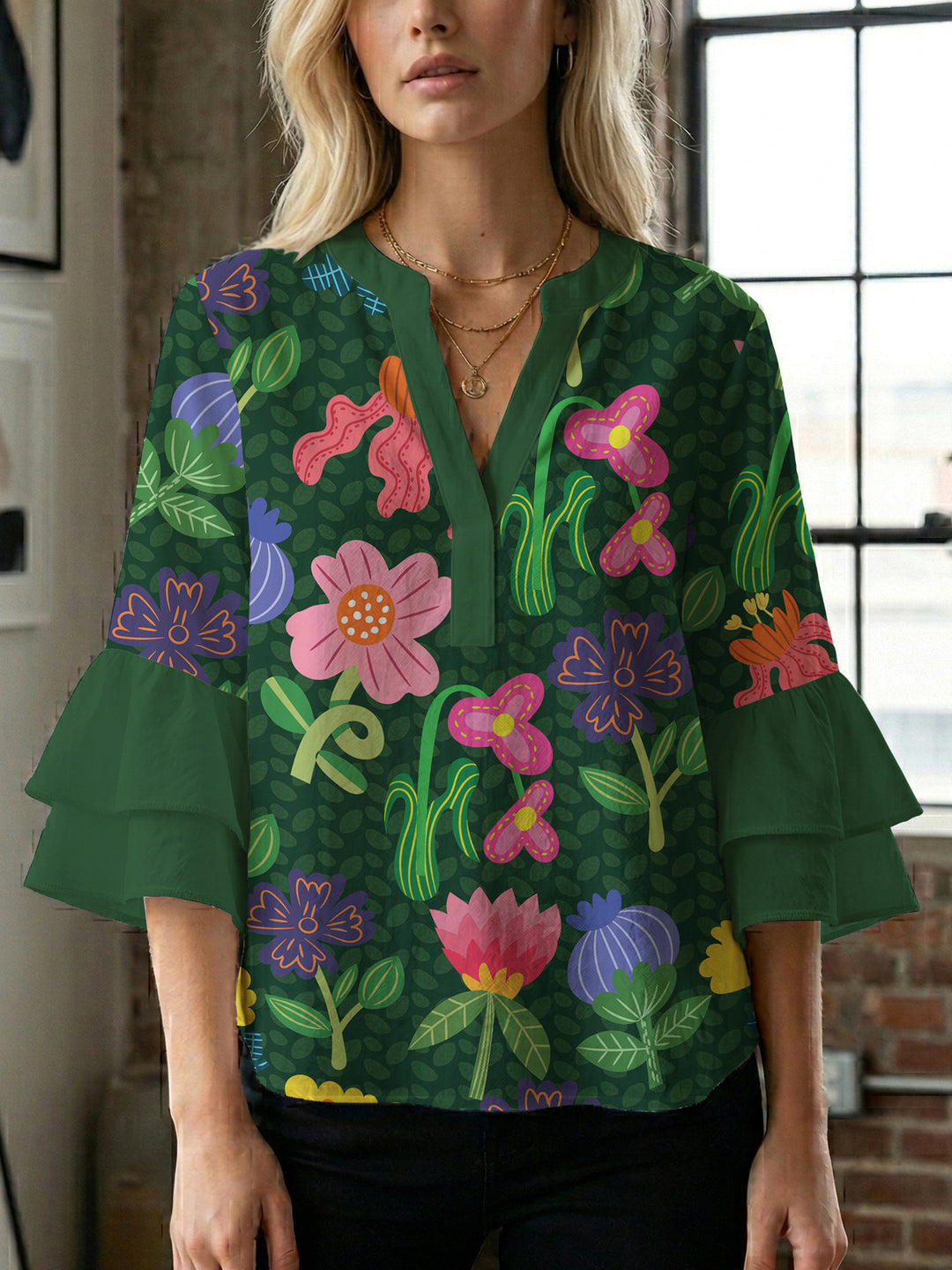 Damen Bluse mit voluminösen Ärmeln und floralem Design Drune