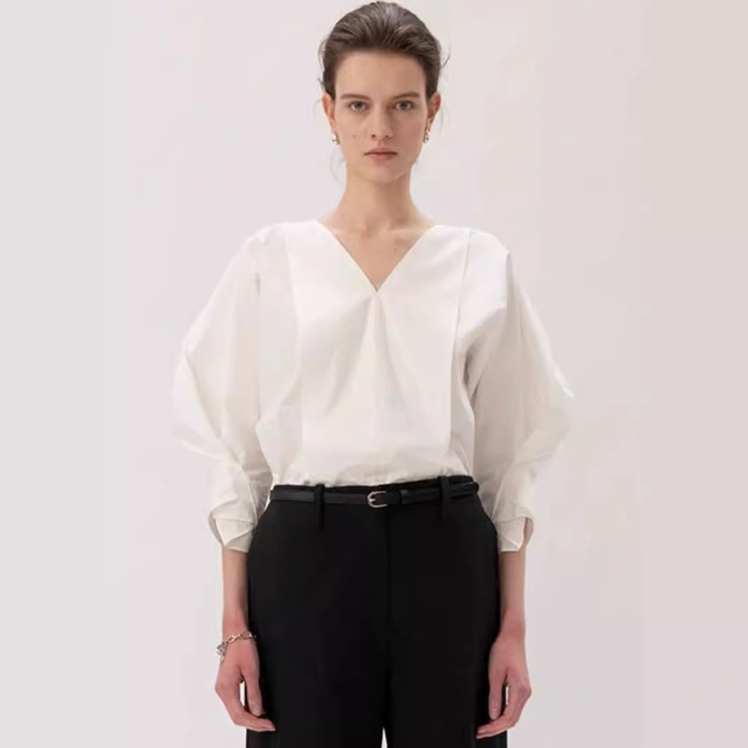 Damen modische Bluse mit voluminösen Ärmeln und v-förmigem Ausschnitt Drune