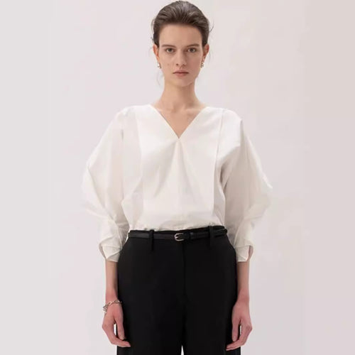 Damen modische Bluse mit voluminösen Ärmeln und v-förmigem Ausschnitt Drune