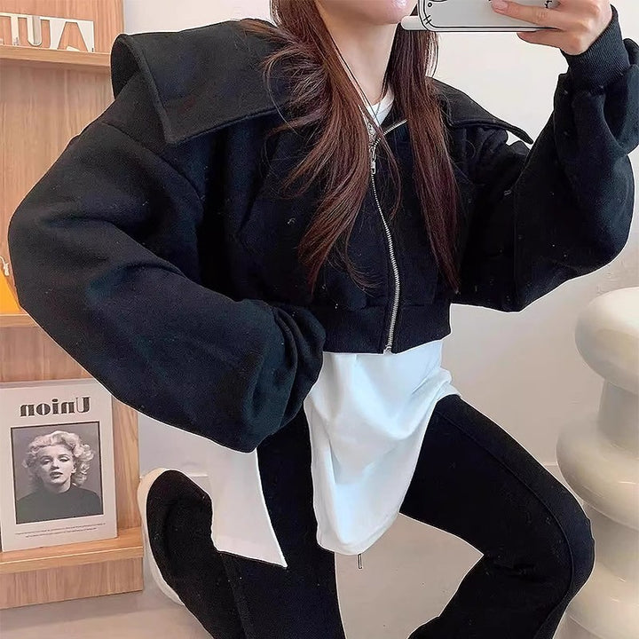 Damen moderne cropped Sweatjacke mit großzügigem Kragen Drune