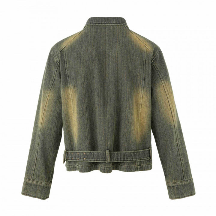 Unisex Kurz geschnittene Denimjacke mit Stickerei, Taillengürtel und Frontreißverschluss Drune
