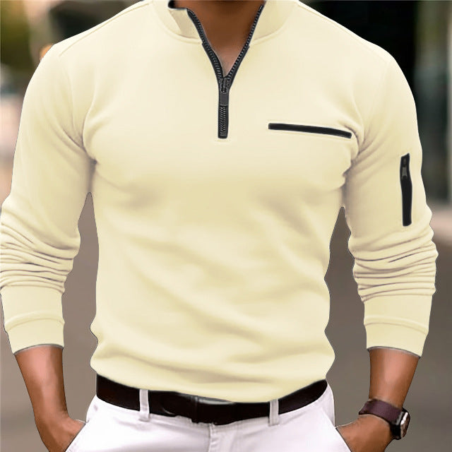 Herren Slim-Fit Pullover mit halbem Reißverschluss, Brust- und Ärmeltasche Drune