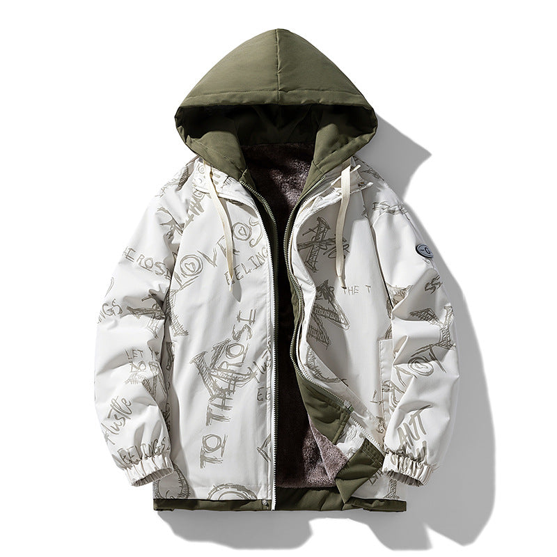 Herren Zweilagige Kapuzenjacke mit Fleece-Innenfutter und Allover-Sketch-Print Drune