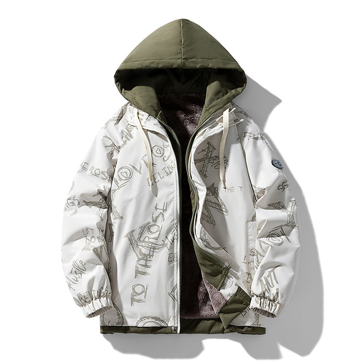 Herren Zweilagige Kapuzenjacke mit Fleece-Innenfutter und Allover-Sketch-Print Drune