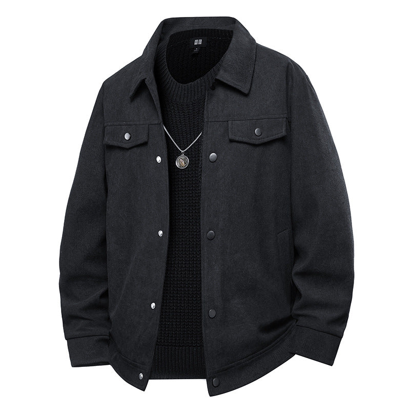 Herren Truckerjacke im Veloursleder-Look mit Druckknopfverschluss und Brustklappen Drune