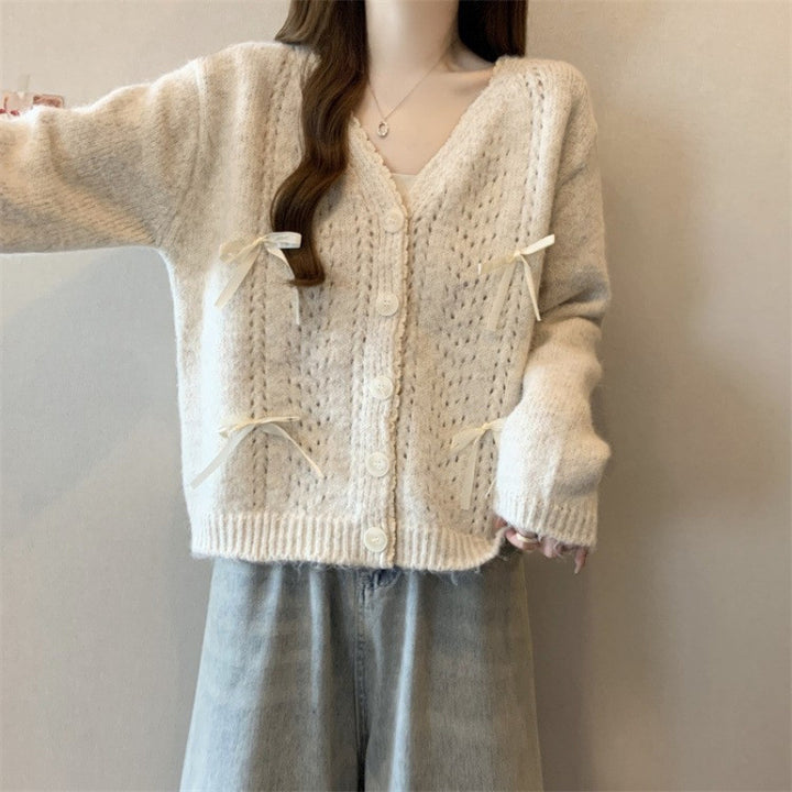 Damen gemütlicher Strickcardigan mit Schleifen Drune