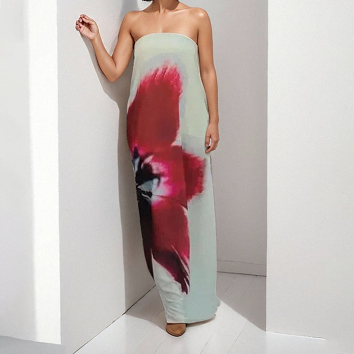 Damen Maxikleid mit schulterfreiem Design und floralen Akzenten Drune