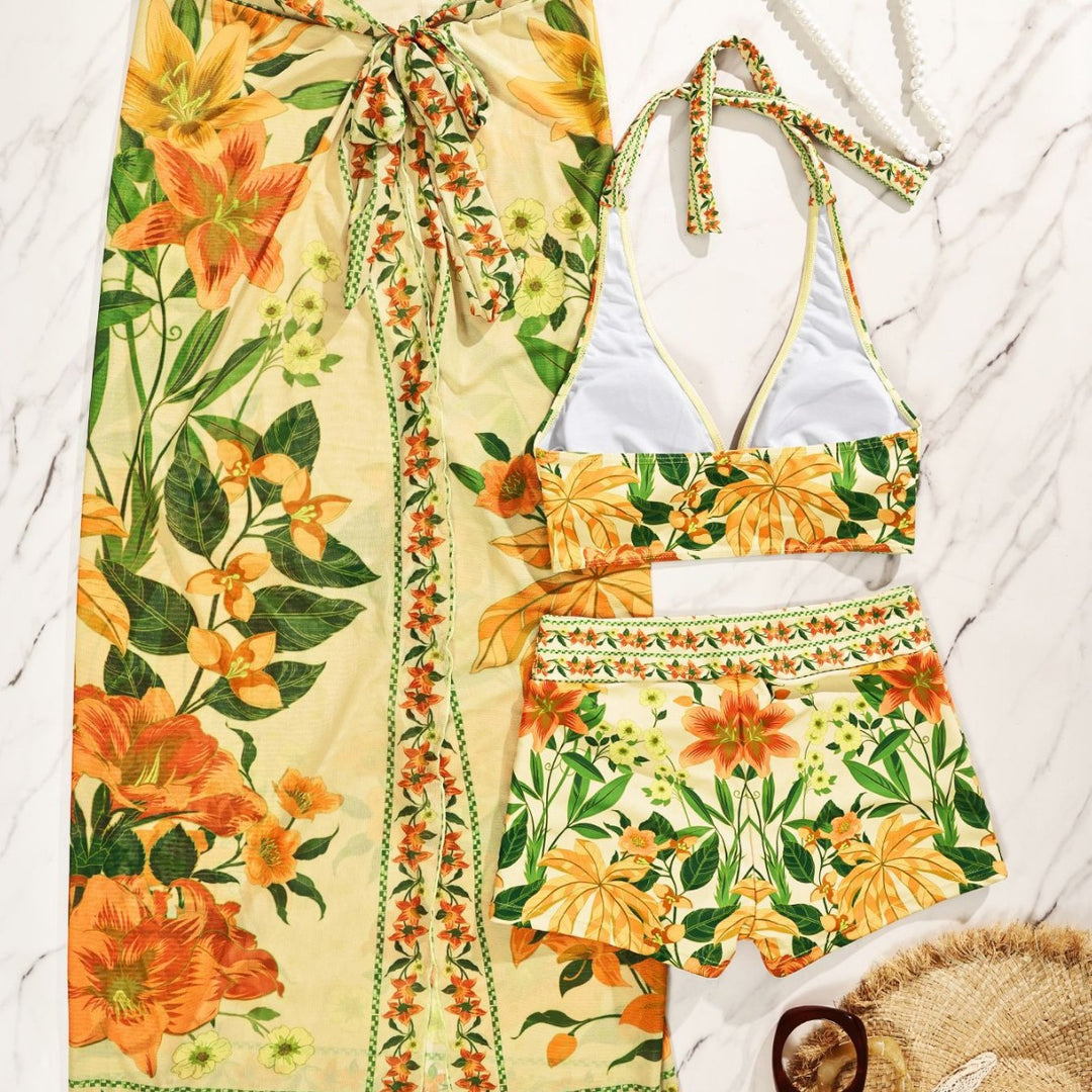 Damen Bikiniset mit floralem langen Überwurf Drune