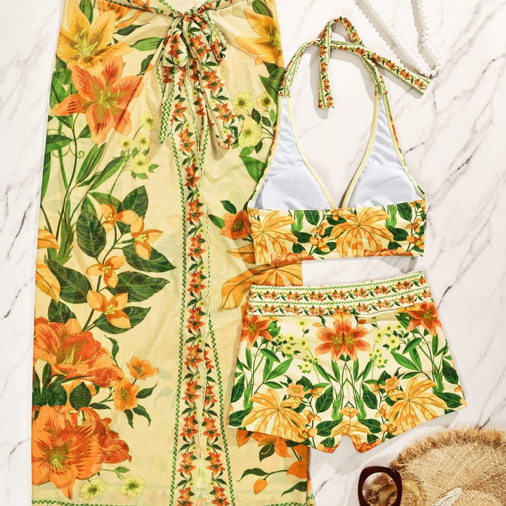 Damen Bikiniset mit floralem langen Überwurf Drune