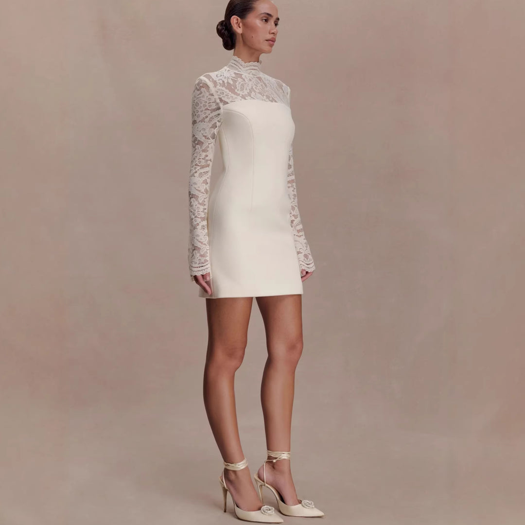 Damen Elegantes Minikleid mit Spitzenoberteil und hochgeschlossenem Kragen Drune
