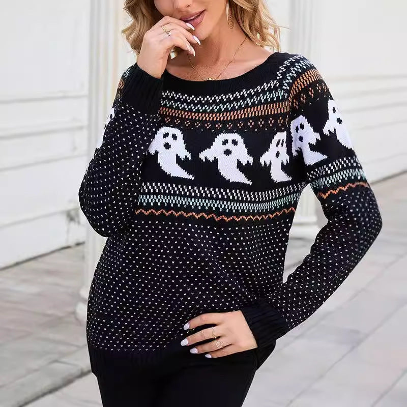 Damen Pullover mit gruseligem Geistermuster und lässigem Schnitt Drune