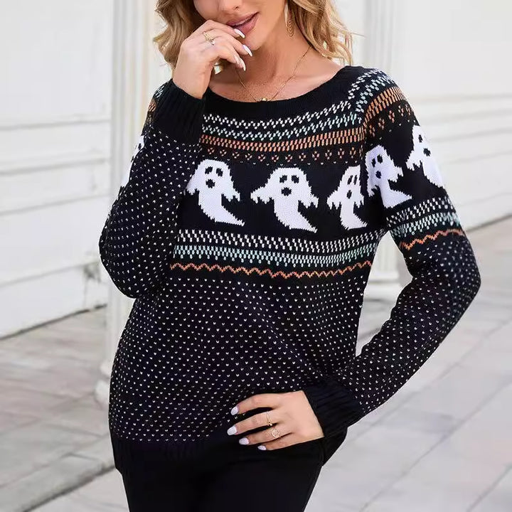 Damen Pullover mit gruseligem Geistermuster und lässigem Schnitt Drune