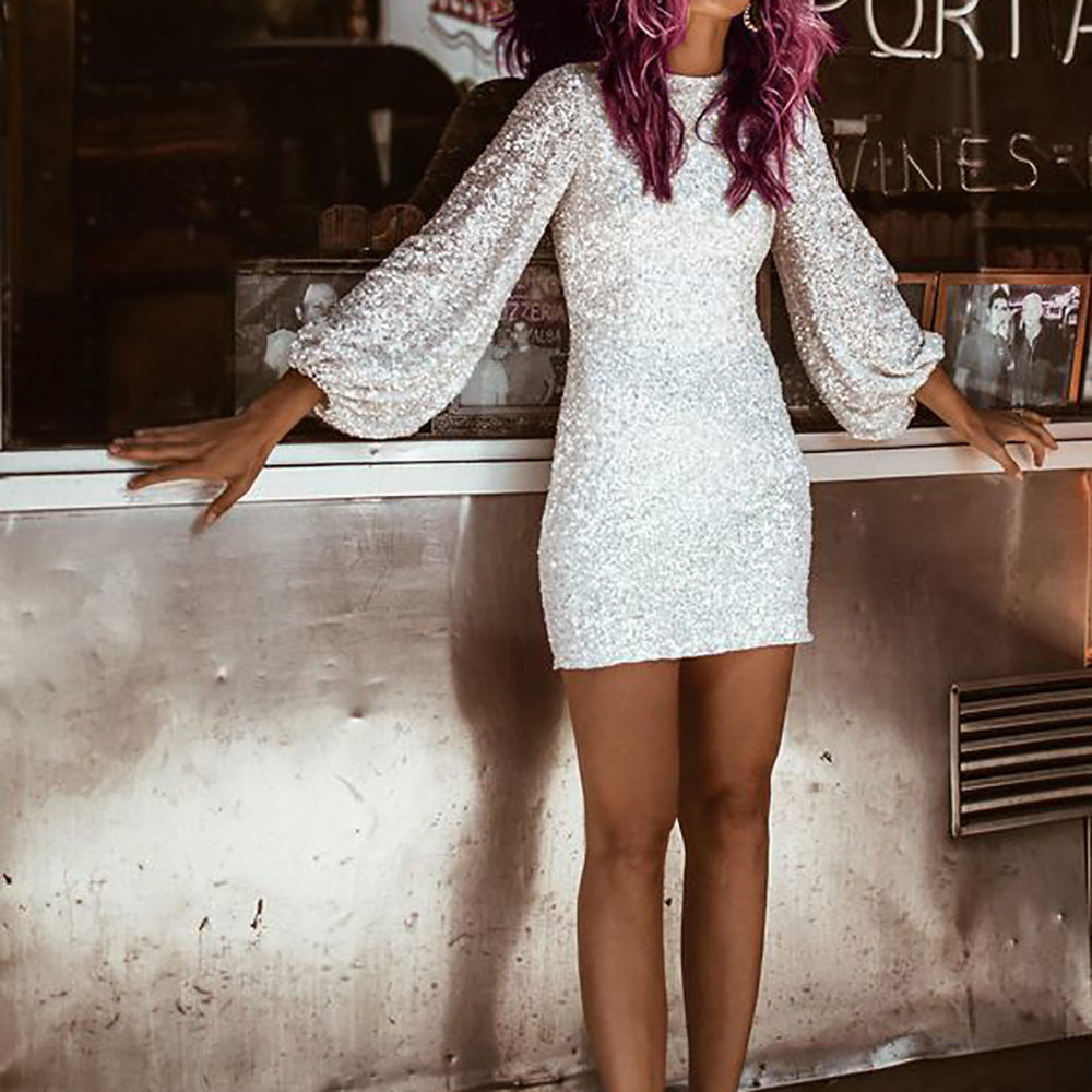 Damen Funkelndes Minikleid mit schmalem Schnitt und langen Ärmeln Drune