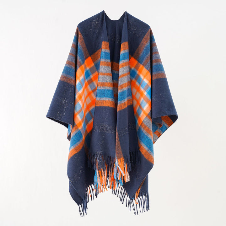 Damen Übergroßer Karierter Wollponcho mit Fransen Drune