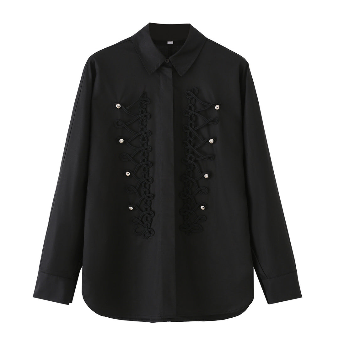 Damen Langärmlige Oversize-Bluse mit verdeckter Knopfleiste und dekorativen Kordelapplikationen Drune