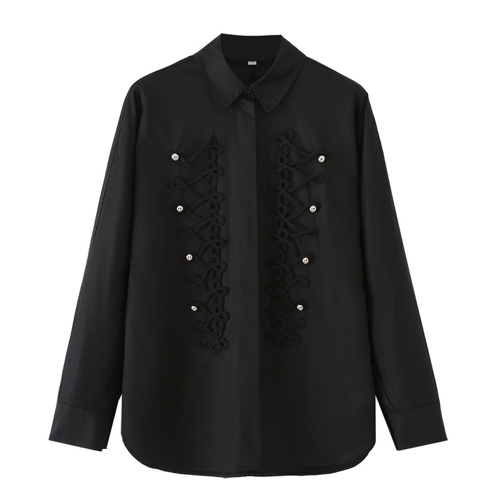 Damen Langärmlige Oversize-Bluse mit verdeckter Knopfleiste und dekorativen Kordelapplikationen Drune