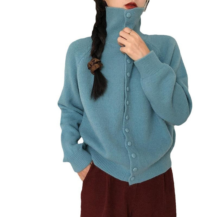 Damen kuschelige Strickjacke mit hochgeschlossenem Kragen und Knopfdetails Drune