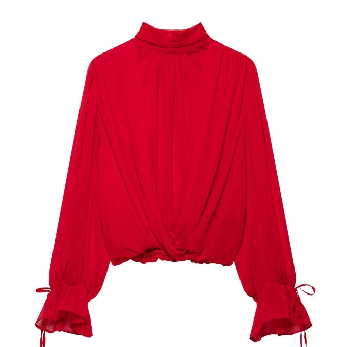 Damen Elegante Chiffon‑Schluppenbluse mit Ballonärmeln und gerafftem Saum Drune