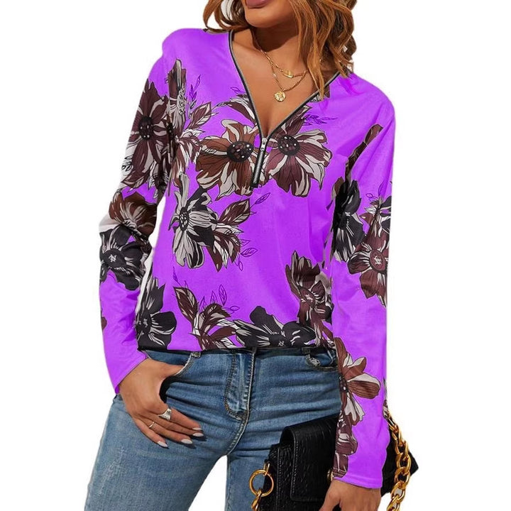 Damen Langarmshirt mit Reißverschluss V-Ausschnitt und großem Blumenmuster Drune