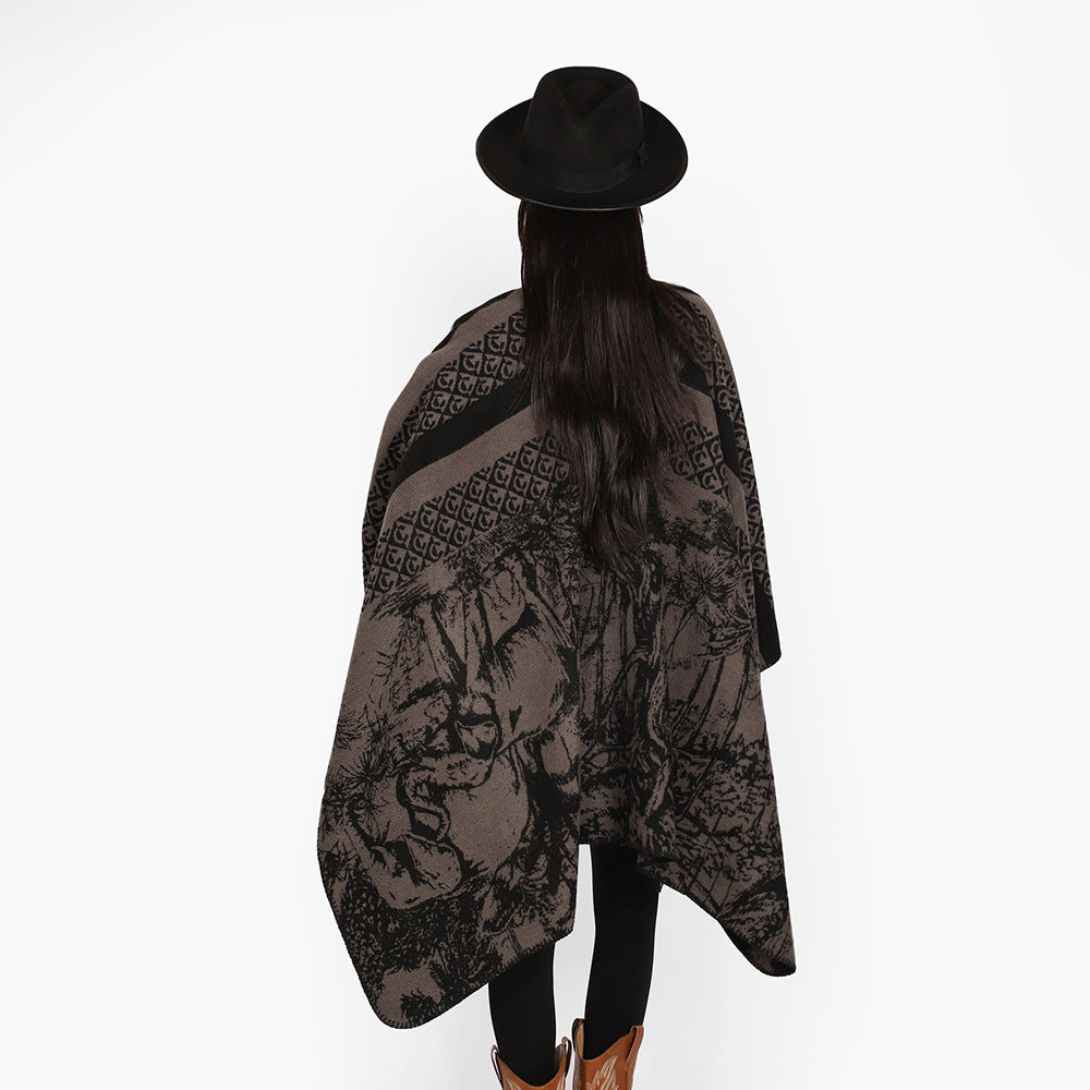 Damen Luxuriöser Jacquard-Motivponcho mit asymmetrischem Zipfelsaum Drune