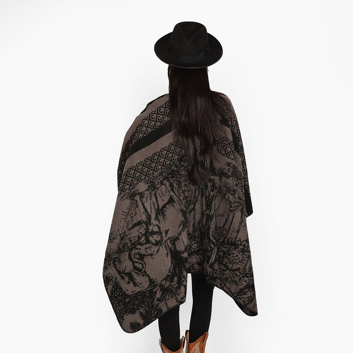 Damen Luxuriöser Jacquard-Motivponcho mit asymmetrischem Zipfelsaum Drune