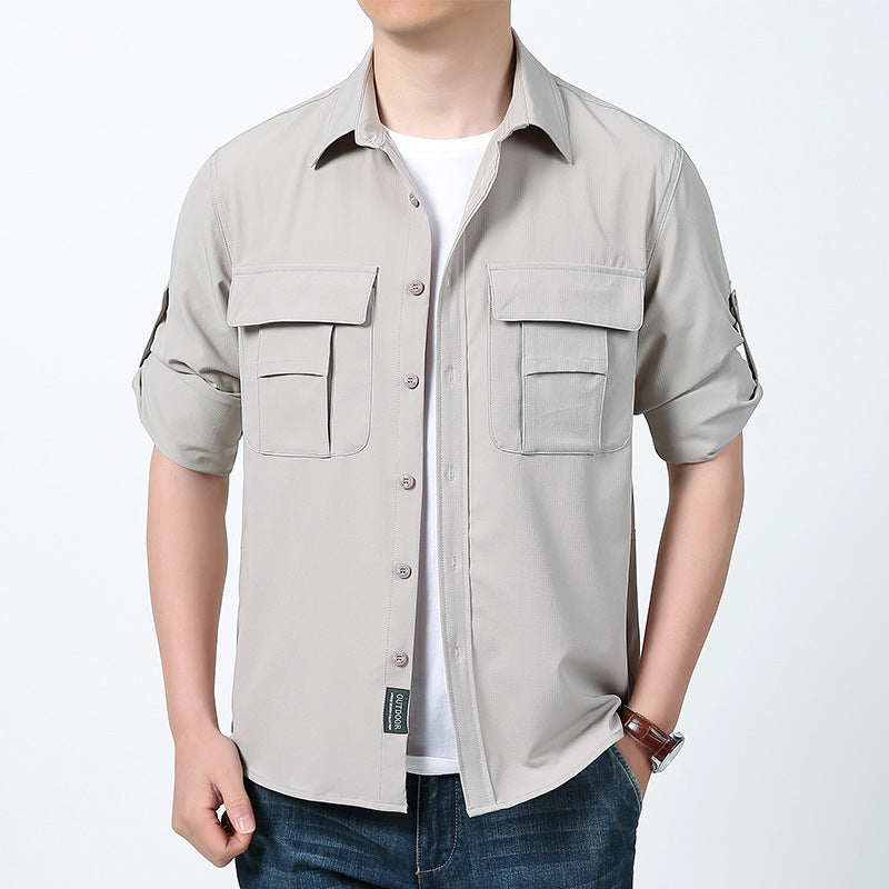 Herren nan funktionales Fieldhemd mit verdeckter Knopfleiste, aufgesetzten Mehrfachbrusttaschen und aufrollbaren Ärmeln Drune