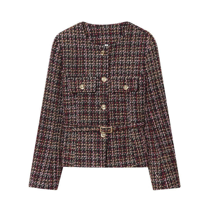 Damen Elegante Tweedjacke mit dekorativen Knöpfen und abnehmbaren Taillengürtel Drune