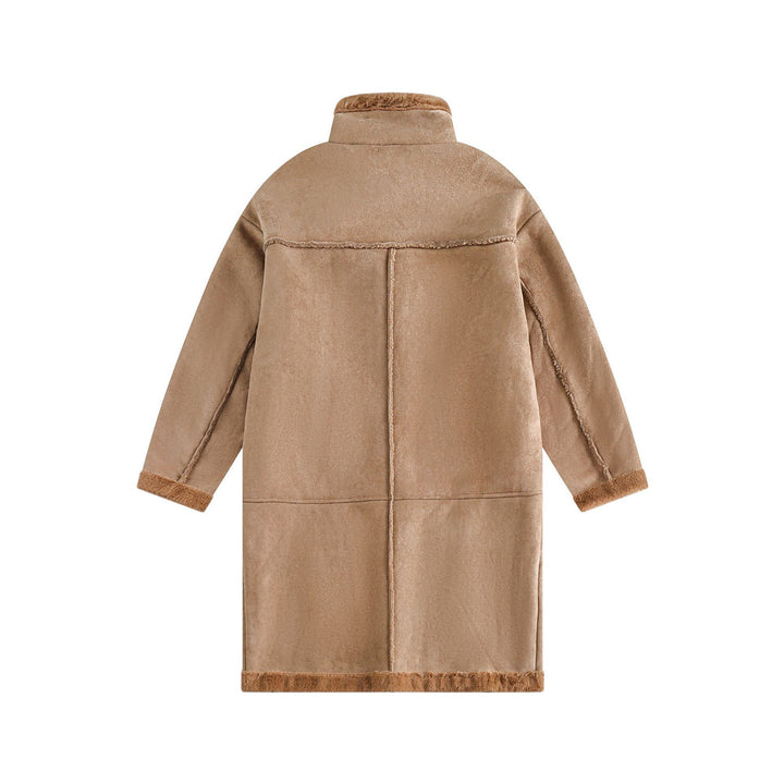Damen Langer Oversize Lammfell‑Imitat Mantel mit Stehkragen und Schnallenverschluss Drune