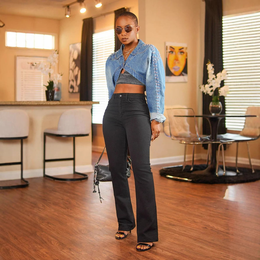 Damen cropped Jeansjacke mit Rüschendetails und taillierter Silhouette Drune