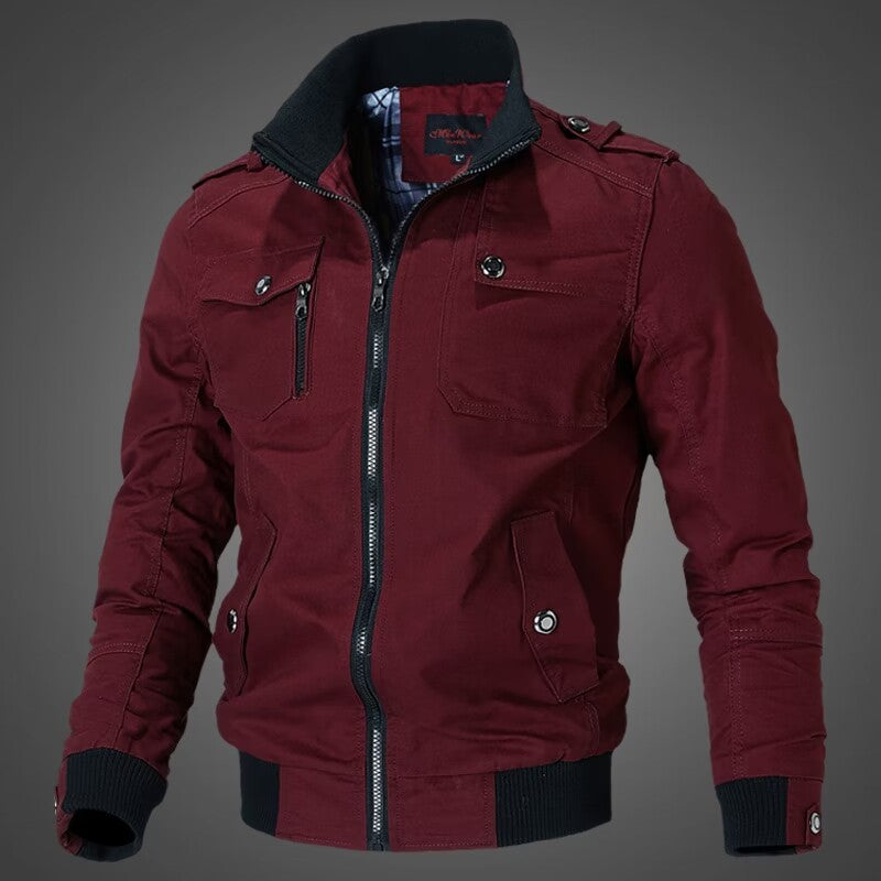 Herren nan taillierte Canvas-Bomberjacke mit Stehkragen, Reißverschlussfront, Schulterpatten und funktionalen Taschen Drune