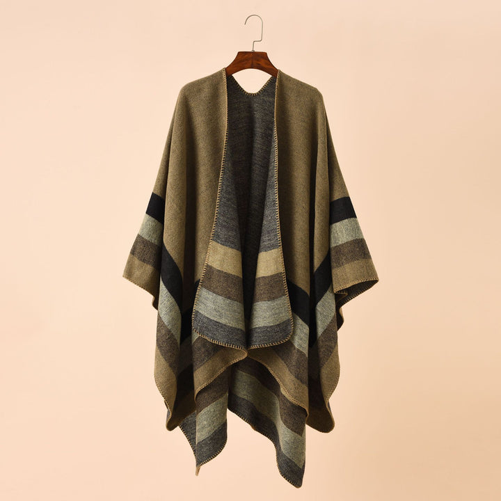 Damen Wolloptik-Poncho mit asymmetrischen Blockstreifen und Zierstichkante Drune