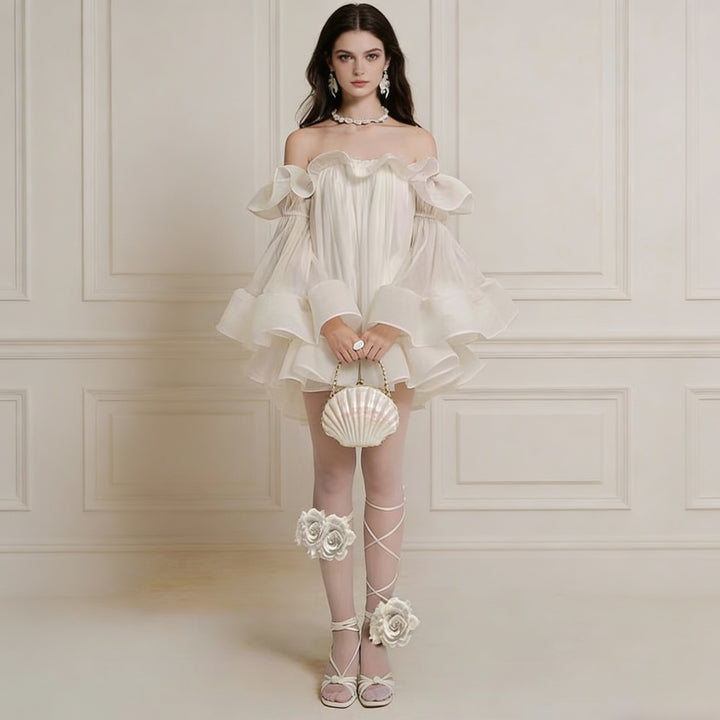 Damen Verspielt-romantisches Minikleid mit Volants und schulterfreiem Design Drune