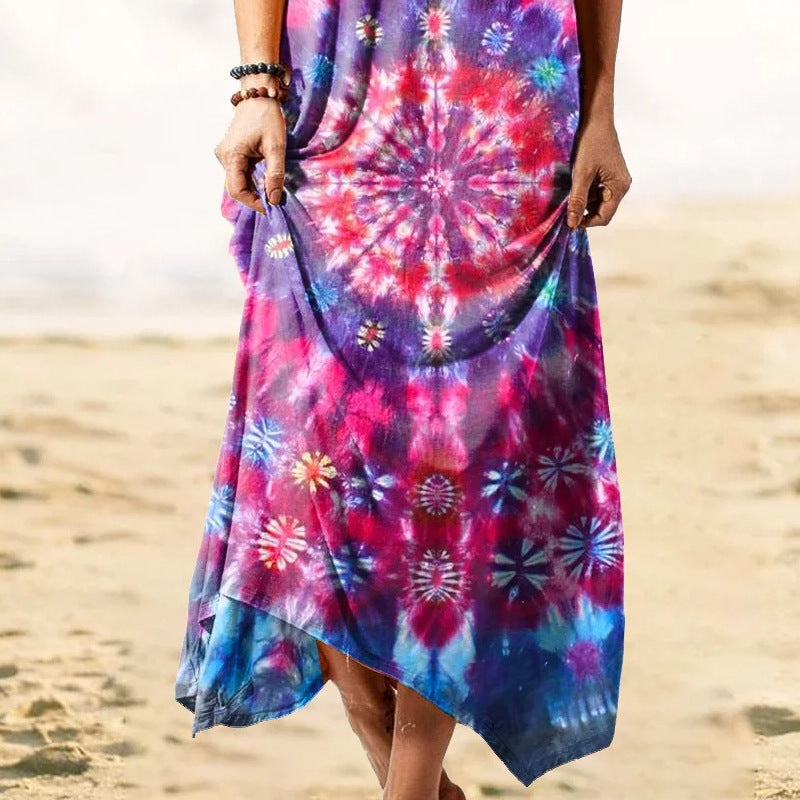 Damen Freizeit-Maxikleid mit buntem Batik-Design und eleganter Stickerei Drune