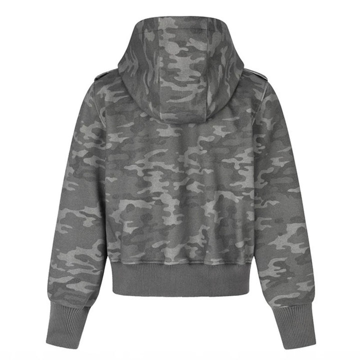 Damen Kurz geschnittene Kapuzen-Sweatjacke im Military-Camo mit dekorativen Stern‑Strapdetails Drune
