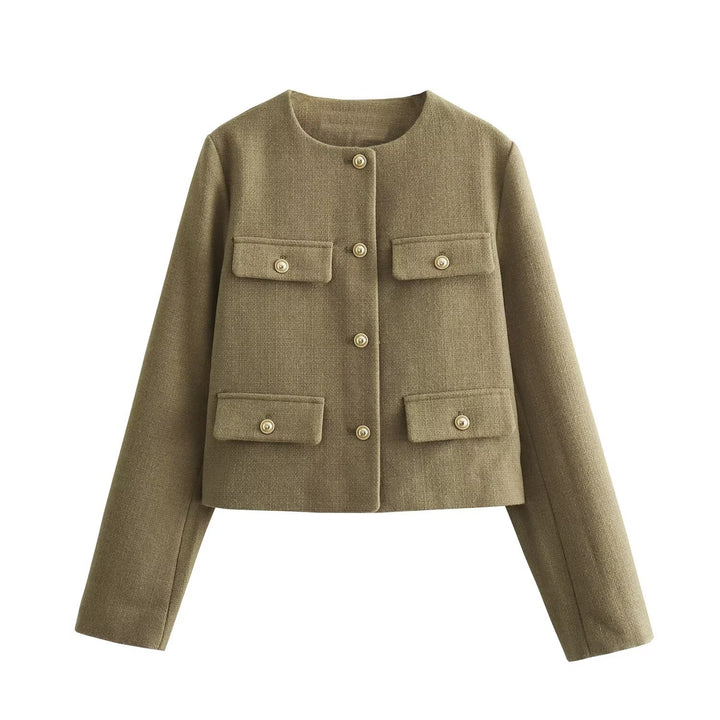 Damen nan kurz geschnittene Bouclé-Tweedjacke mit Rundhalsausschnitt Zierknopfdetails und aufgesetzten Pattentaschen Drune