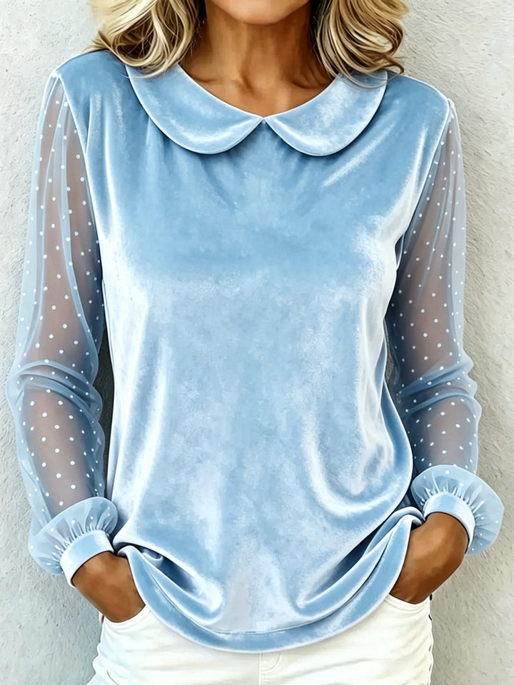 Damen Kuschelige Samtbluse mit Peter-Pan-Kragen und gepunkteten Mesh-Ärmeln Drune