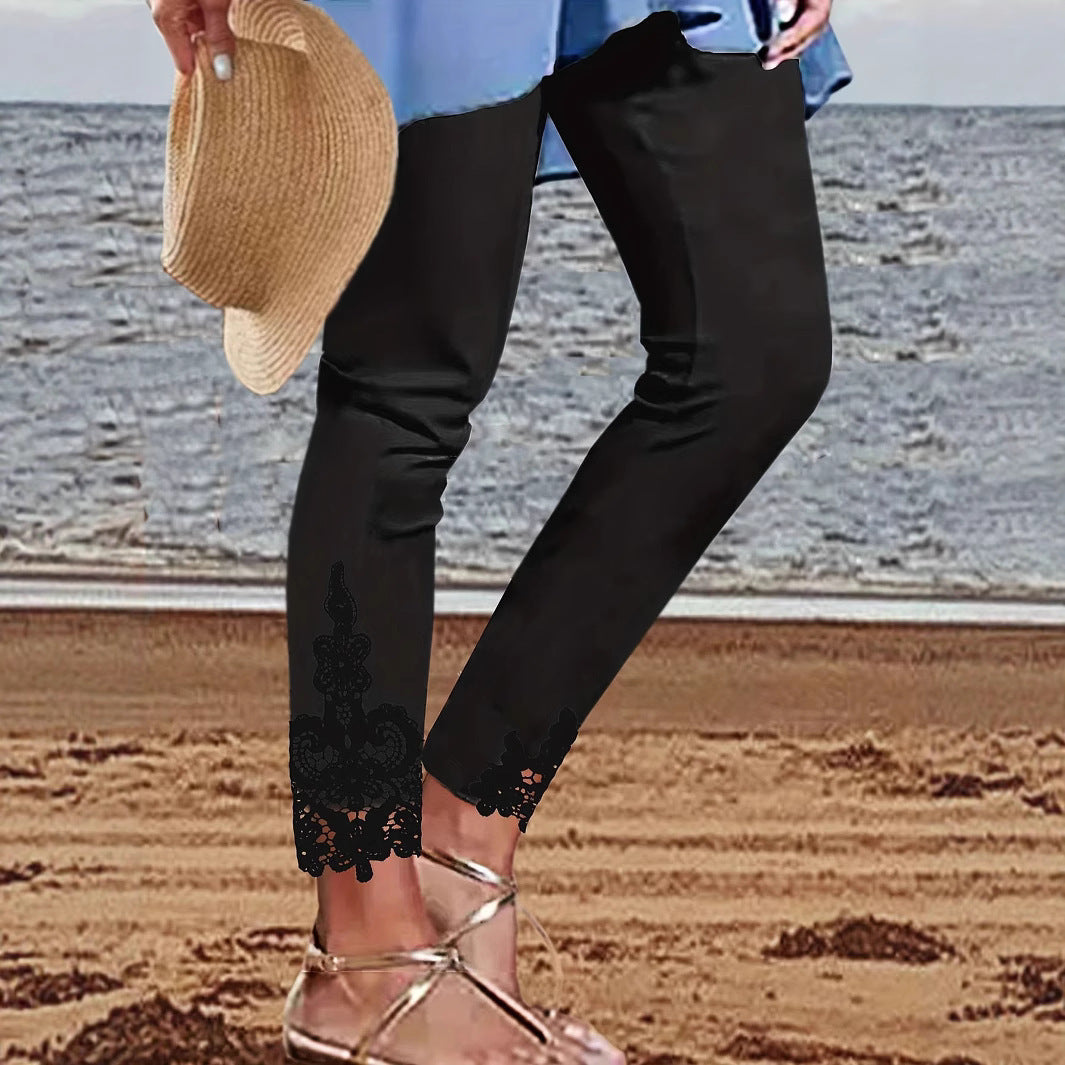 Damen Leggings mit spitzenbesetztem Saum und elastischem Bund Drune