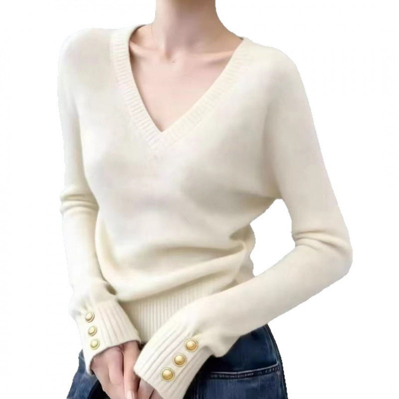 Damen feiner V-Ausschnitt Pullover mit eleganten Knopfdetails Drune
