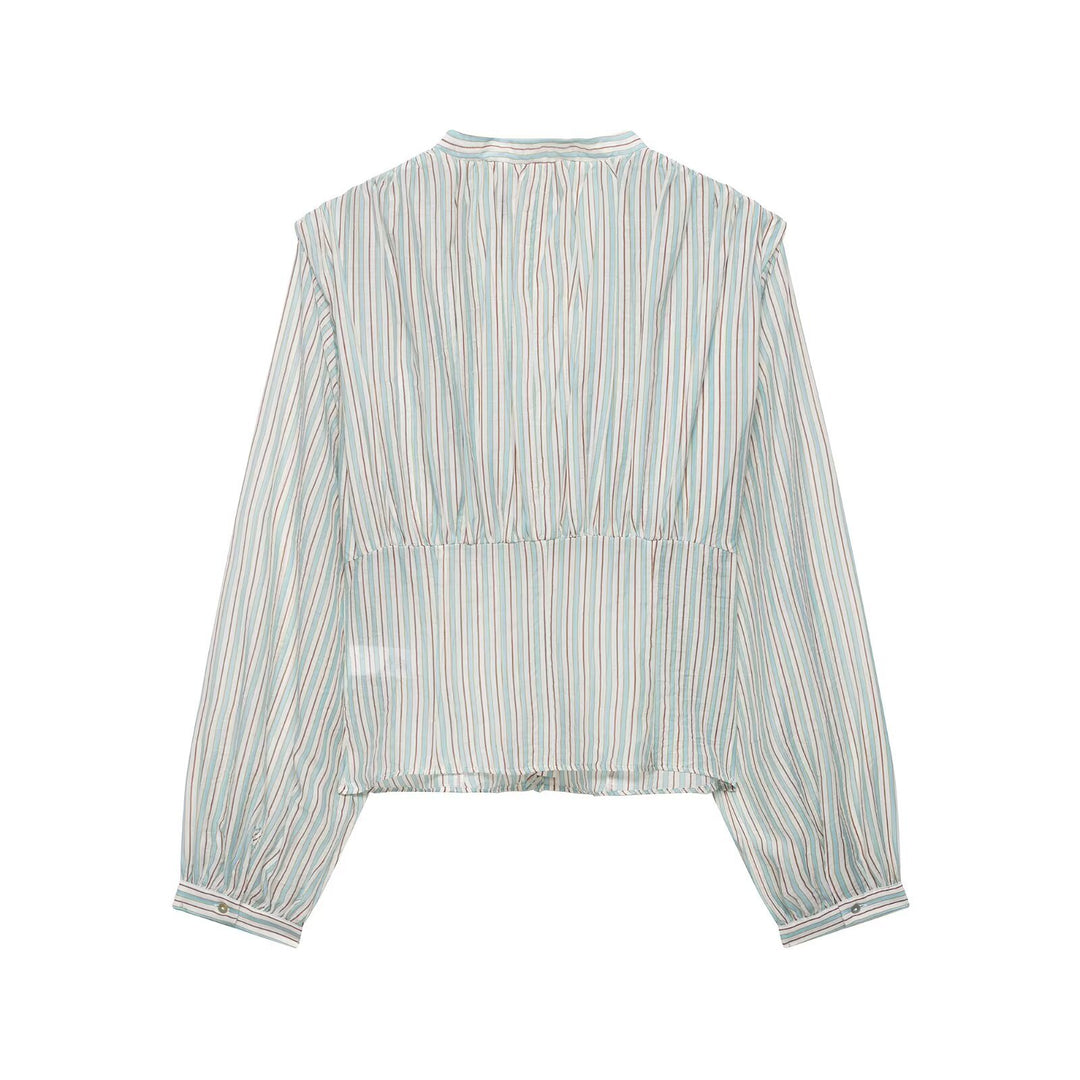 Damen Gestreifte Cropped-Bluse mit tiefem V-Ausschnitt und geraffter Unterbrustnaht Drune