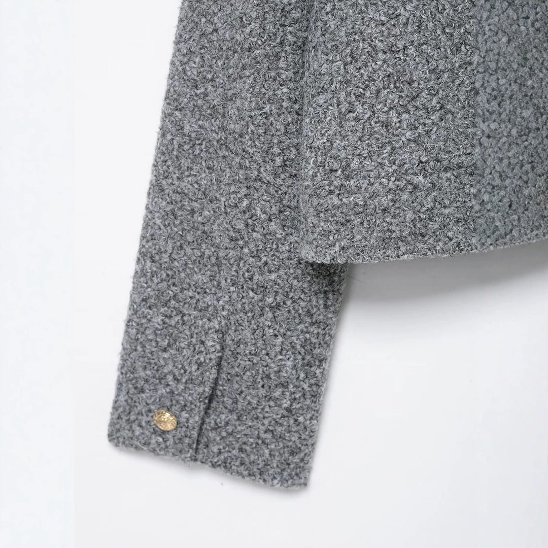 Damen Bouclé Cropped Jacke mit Goldknöpfen und aufgesetzten Pattentaschen Drune