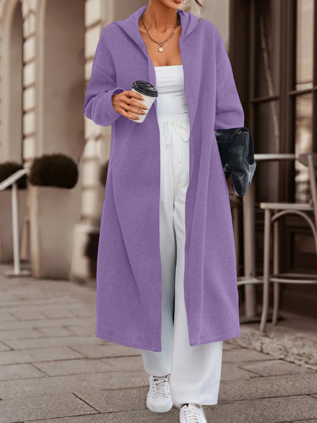 Damen Langer Oversize Kapuzenmantel mit offener Front und weichem Fleece Drune