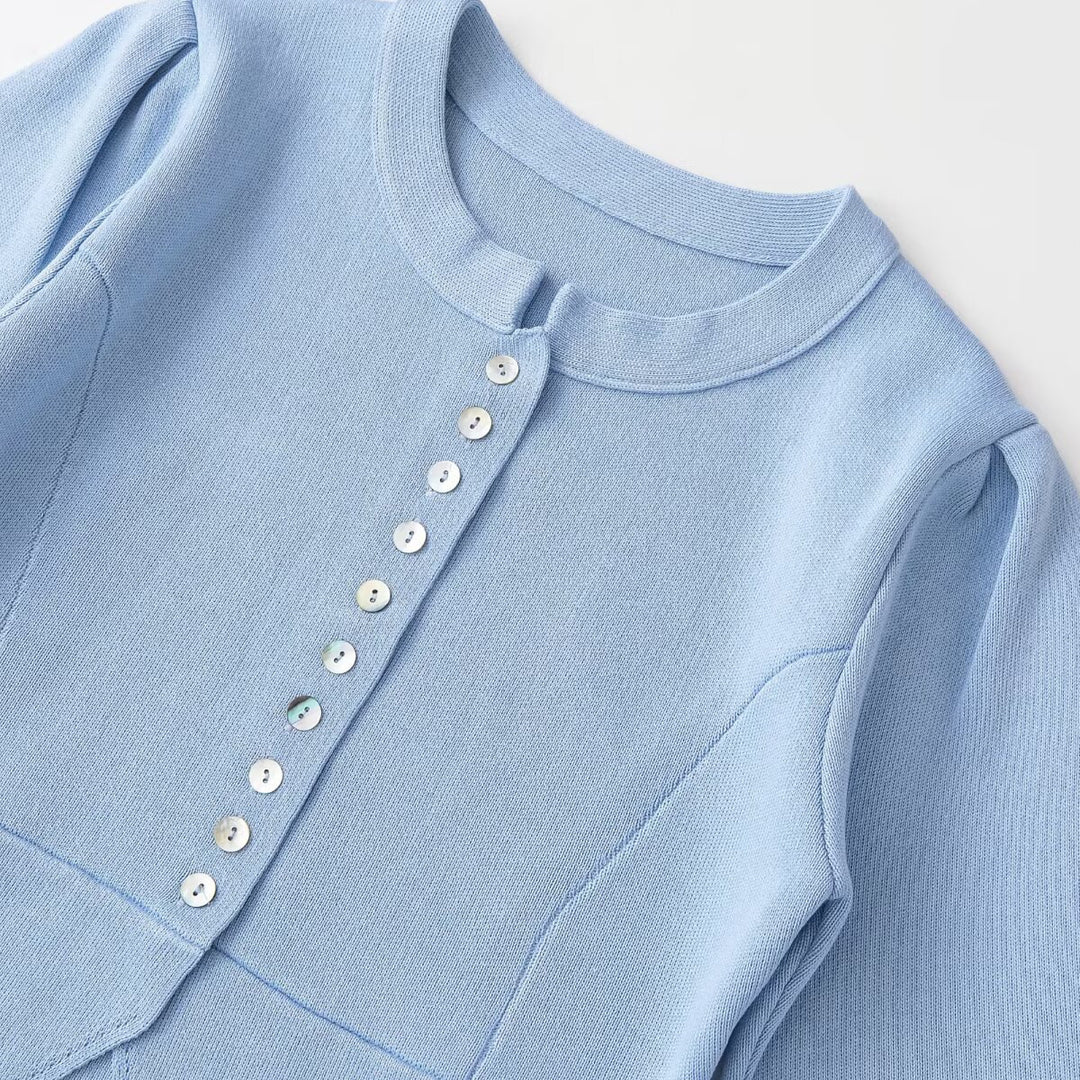 Damen Kurz geschnittene Rippstrick-Bolerojacke mit Puffärmeln Drune