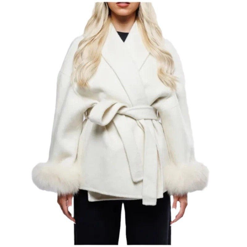 Damen Elegante Wickeljacke mit Teddyfellärmeln Drune